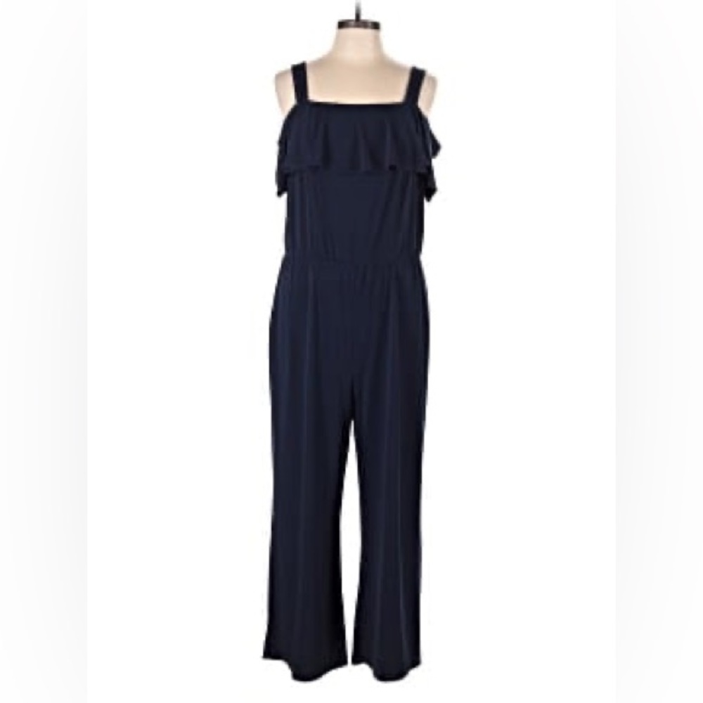 Roz & Ali Navy Blue Ruffle Bust Wide-Strap Jumpsuit
